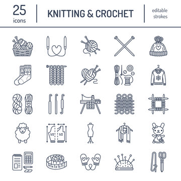 Knitting, crochet, hand made line icons set. Knitting needle, hook, scarf, socks, pattern, wool skeins and other DIY equipment. Linear signs set, logos with editable stroke for yarn or tailor store.
