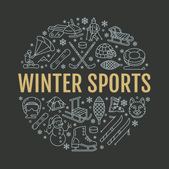 Winter sports banner, equipment rent at ski resort. Vector line icon of skates, hockey sticks, sleds, snowboard, snow tubing hire. Cold season outdoor activities template with place for text.