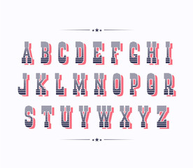 Serif bold two color retro font with red shadow.