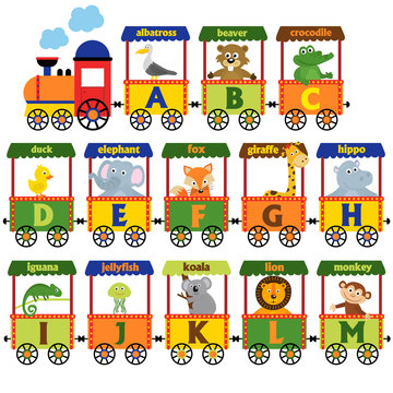 Train Alphabet With Animals A To M  - Vector Illustration, Eps