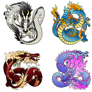 Set four flying Asian colorfull dragon