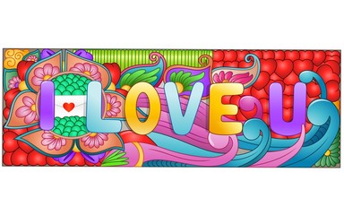 Cartoon hand drawn doodles i love you with colorful elements background