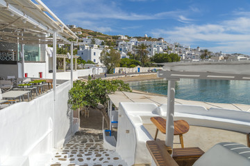 Fototapeta premium Traditional white houses at the narrow streets of Mykonos, Cycla