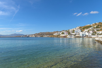 Fototapeta premium Panoramic view of Mykonos port, Cyclades, Greece during summer.