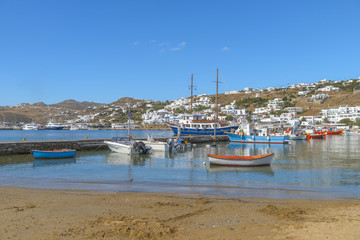 Fototapeta na wymiar Traditional fishing boats at the port of Mykonos, Cyclades, Gree