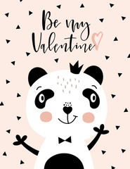 Valentines day calligraphic card with lovely and romantic phrase and panda in Scandinavian style. Handwritten modern lettering.
