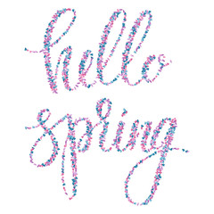 "Hello spring" phrase. Interlaced words made of petals. Brush pen calligraphy.