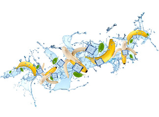 Fototapeta na wymiar Splash with banana isolated on white background. Abstract water with fresh fruits. 