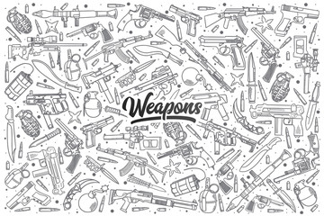 Fototapeta na wymiar Hand drawn weapons doodle set with black lettering in vector