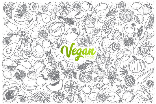 Hand drawn vegan food doodle set with green lettering in vector