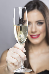 sexy girl holding champagne glass make up red lipstick