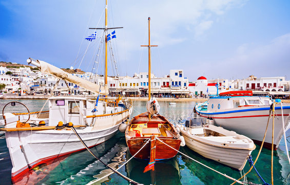 Fishing boats in Mykonos town, famous touristic destination, Greece