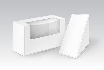 Vector Set of White Blank Cardboard Rectangle Triangle Take Away Boxes Packaging For Sandwich, Food, Gift, Other Products with Plastic Window Mock up Close up Isolated on White Background