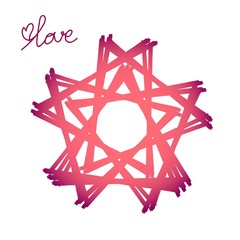 Several stars of abstract triangles with a gradient from red to pink with the word love and a pink heart on white background. Designed for the sign symbol of the stars. Geometric
