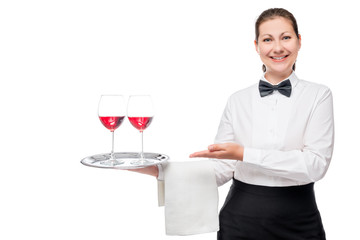 beautiful young waitress with a red wine in glasses on a white b