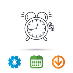 Alarm clock icon. Mechanical retro time sign. Watch with bell symbol. Calendar, cogwheel and download arrow signs. Colored flat web icons. Vector