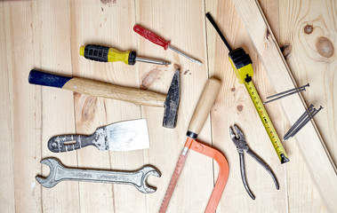 tools on the wooden background