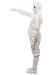 Chemist shows a finger in the direction isolated in costume