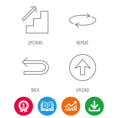 Arrows icons. Upload, repeat and shuffle linear signs. Upstairs, back arrow flat line icons. Award medal, growth chart and opened book web icons. Download arrow. Vector