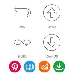 Arrows icons. Download, repeat and shuffle linear signs. Upload, back arrow flat line icons. Award medal, growth chart and opened book web icons. Download arrow. Vector