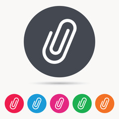 Attachment icon. Paper clip symbol. Colored circle buttons with flat web icon. Vector