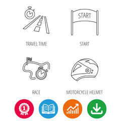 Motorcycle helmet, race timer and travel time icons. Start race linear sign. Award medal, growth chart and opened book web icons. Download arrow. Vector