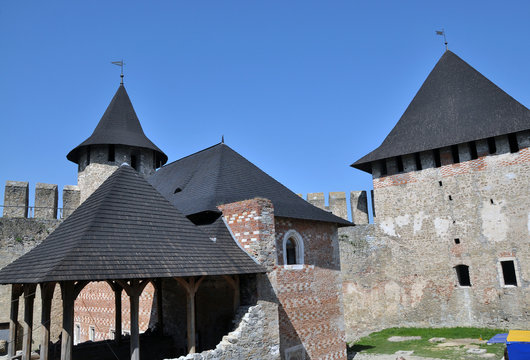 Walls and towers of the old fortress in Khotyn in Ukraine