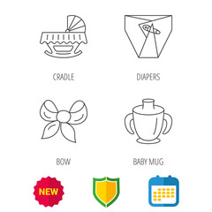 Baby mug, diapers and cradle bed icons. Bow linear sign. Shield protection, calendar and new tag web icons. Vector