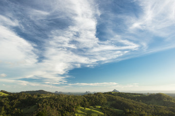 View of Mount Beerwah and countryside in the Glass House Mountains, Sunshine Coast.