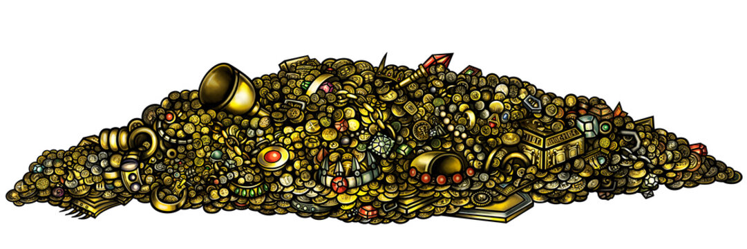 Gold Treasure With Gems And Coins. Illustration Pile Of Treasure With Gold, Jewelry, Gems, Coins, Artefacts