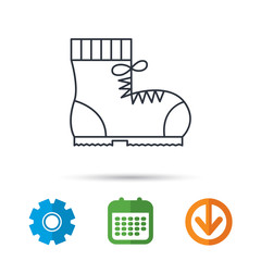 Boot icon. Hiking or work shoe sign. Military footwear symbol. Calendar, cogwheel and download arrow signs. Colored flat web icons. Vector