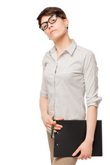 confident woman in glasses on a white background isolated