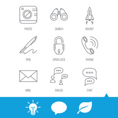 Photo, startup rocket and search icons. Pen, lock and mail linear signs. Dialog chat bubbles, phone call flat line icons. Light bulb, speech bubble and leaf web icons. Vector