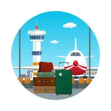 Icon, View on Airplane and Control Tower through the Window from a Waiting Room with Retro Colored Suitcases and Trolley Suitcase and Travel Bag , Luggage Bags for Traveling , Travel and Tourism