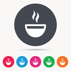 Coffee cup icon. Hot tea drink symbol. Colored circle buttons with flat web icon. Vector