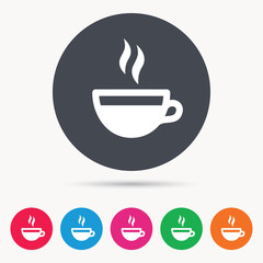 Coffee cup icon. Hot tea drink symbol. Colored circle buttons with flat web icon. Vector