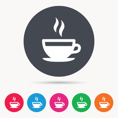 Coffee cup icon. Hot tea drink symbol. Colored circle buttons with flat web icon. Vector