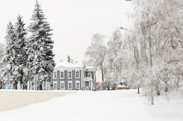 Snowy hills in Russian countryside wooden house windows