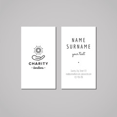 Donations and charity business card design. Hand and coin logo.