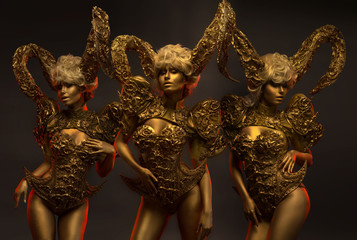 Beautiful devil women with golden ornamental horns on dark background