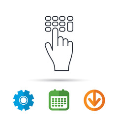 Enter pin code icon. Click hand pointer sign. Calendar, cogwheel and download arrow signs. Colored flat web icons. Vector