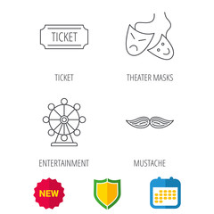 Ferris wheel, ticket and theater masks icons. Mustache linear sign. Shield protection, calendar and new tag web icons. Vector