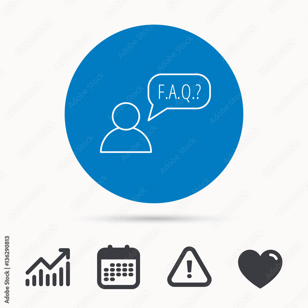 Poster faq service icon. support speech bubble sign. human symbol. calendar, attention sign and growth char