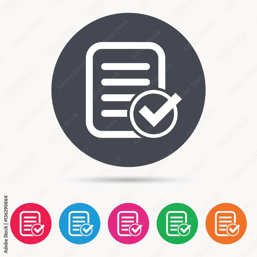 Fototapete file selected icon. document page with check symbol. colored circle buttons with flat web icon. vect