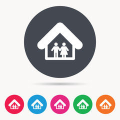 Family icon. Father and mother in home symbol. Colored circle buttons with flat web icon. Vector
