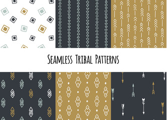 Set of modern seamless hand drawn geometric tribal patterns. Vector navajo design.