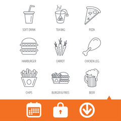 Hamburger, pizza and soft drink icons. Beer, tea bag and chips fries linear signs. Chicken leg, carrot icons. Download arrow, locker and calendar web icons. Vector