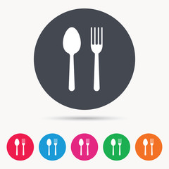 Food icons. Fork and spoon signs. Cutlery symbol. Colored circle buttons with flat web icon. Vector