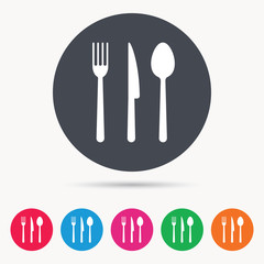 Fork, knife and spoon icons. Cutlery symbol. Colored circle buttons with flat web icon. Vector
