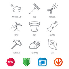 Sprout plant, scissors and pot icons. Gloves, rake and watering can linear signs. Hothouse, leaf and hammer flat line icons. New tag, shield and calendar web icons. Download arrow. Vector